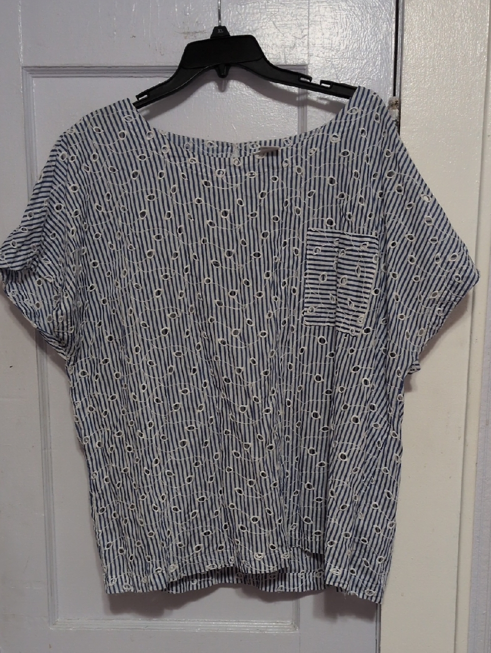 Liz Claiborne Navy and White Striped Eyelet Pocket Blouse